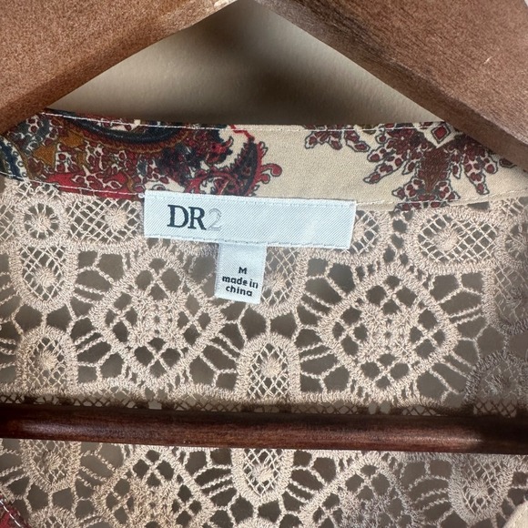 DR2‎ Paisley Dress Medium Bohemian Lace Accent Roll Tab Sleeve Tie Waist - Picture 3 of 8